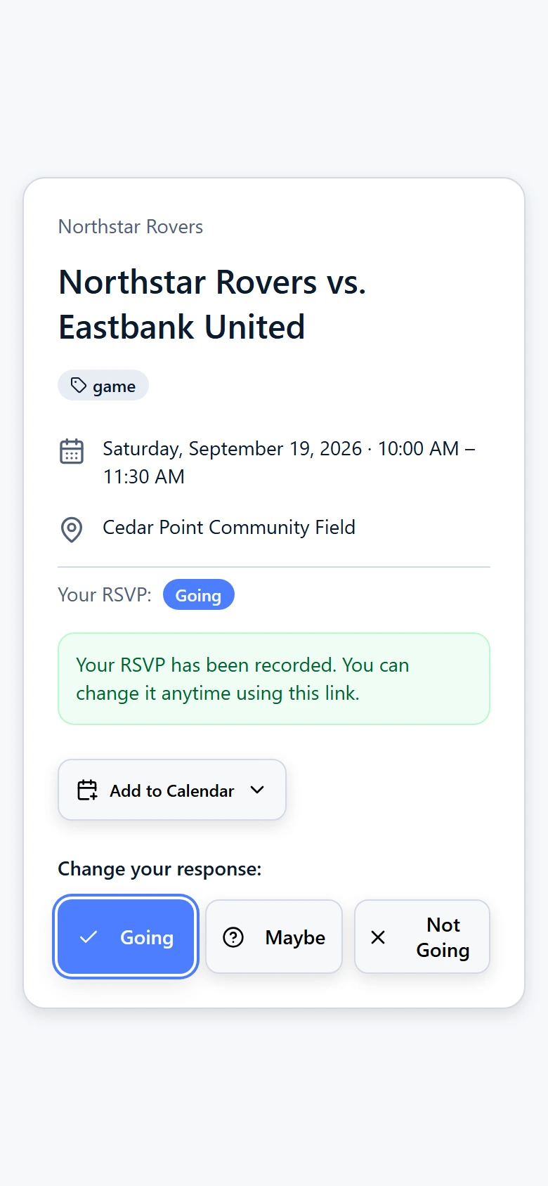 A guest opens a GamePlan360 invitation and responds to an event without creating an account