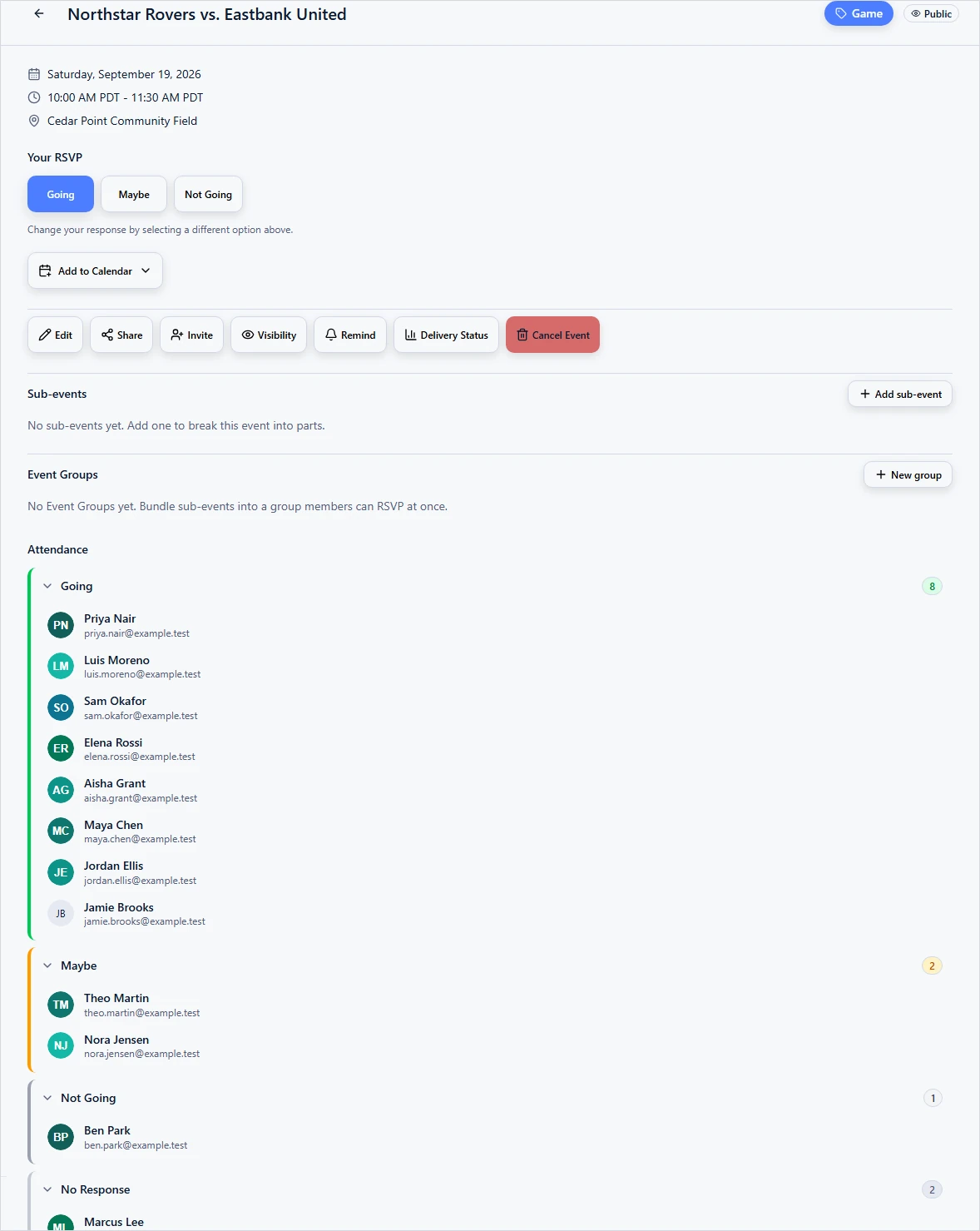 GamePlan360 event attendance view with responses and participant details