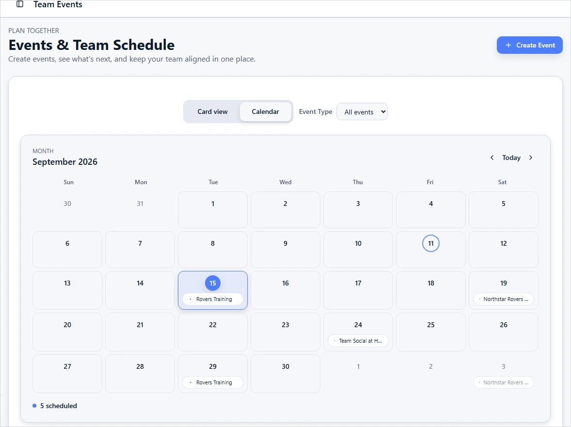 GamePlan360 shared team calendar showing upcoming events