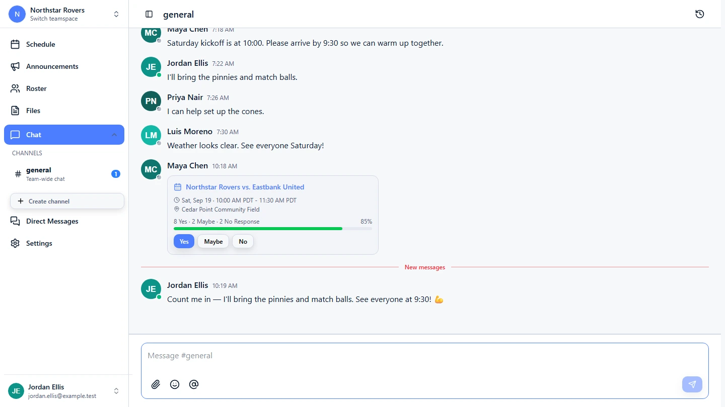 GamePlan360 team chat with a shared event card and RSVP controls