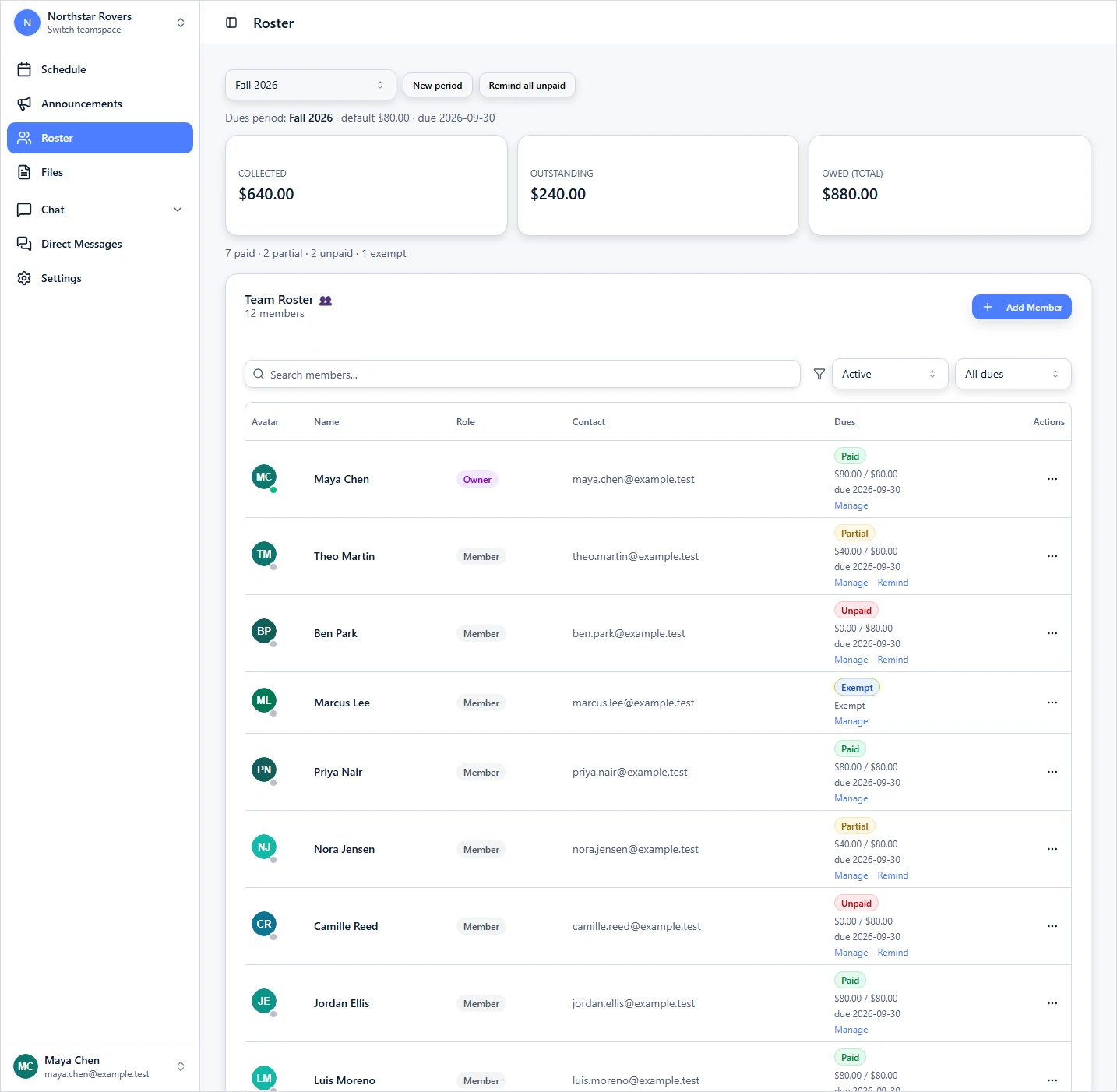 GamePlan360 roster and dues tracking views