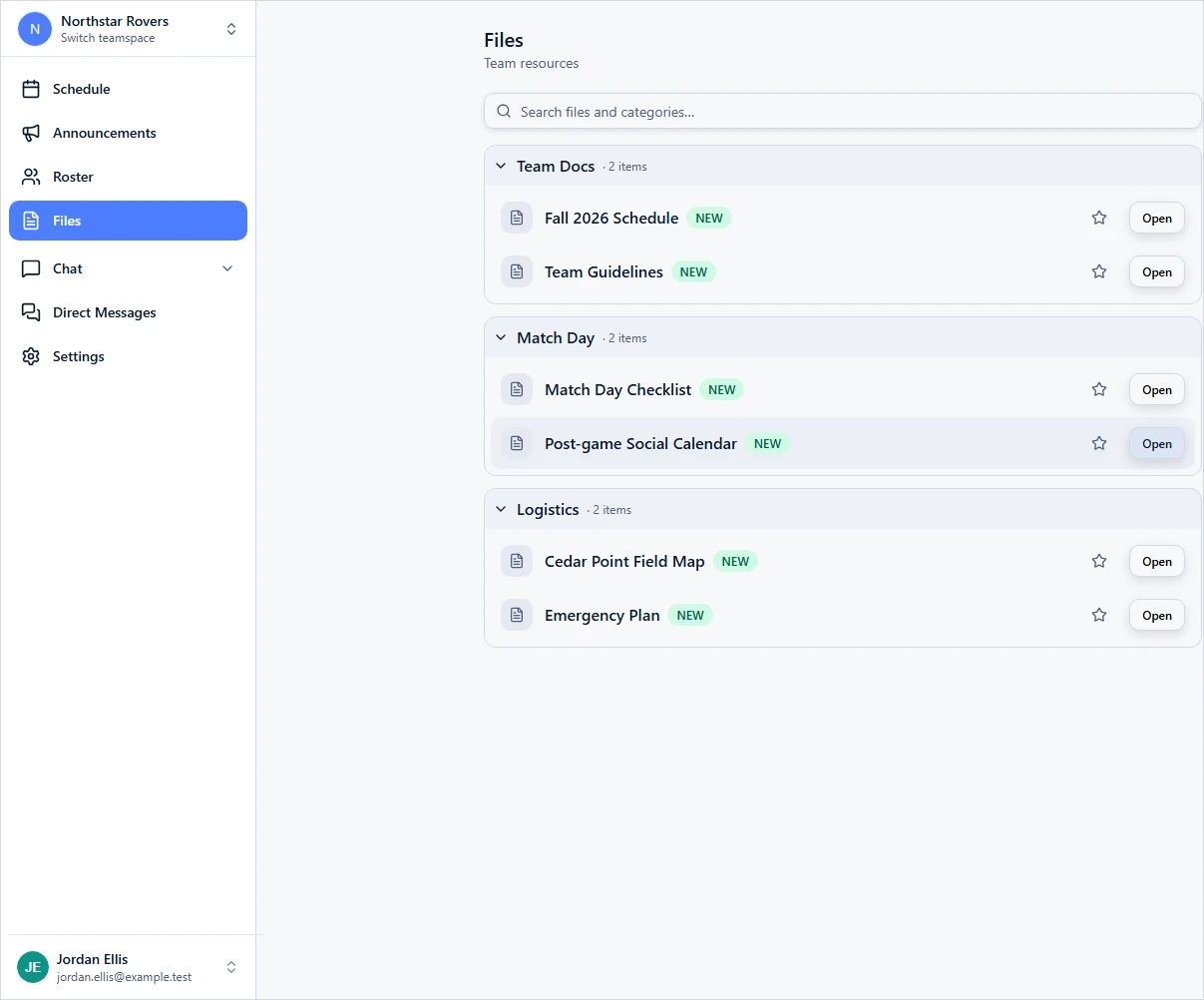 GamePlan360 resource library with organized team files and links