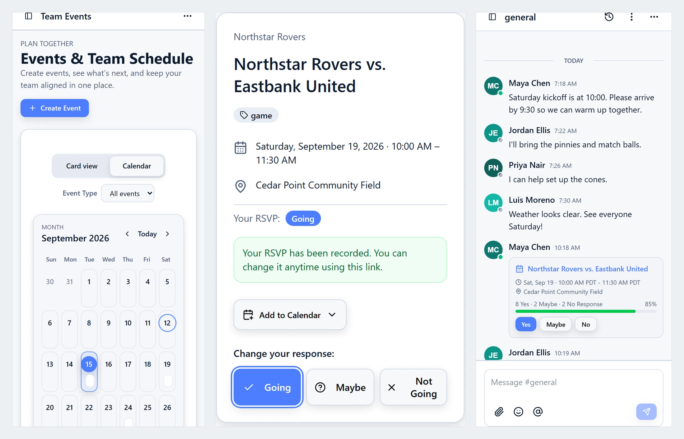 Three GamePlan360 mobile views showing team activity, an event RSVP form, and an event card in chat