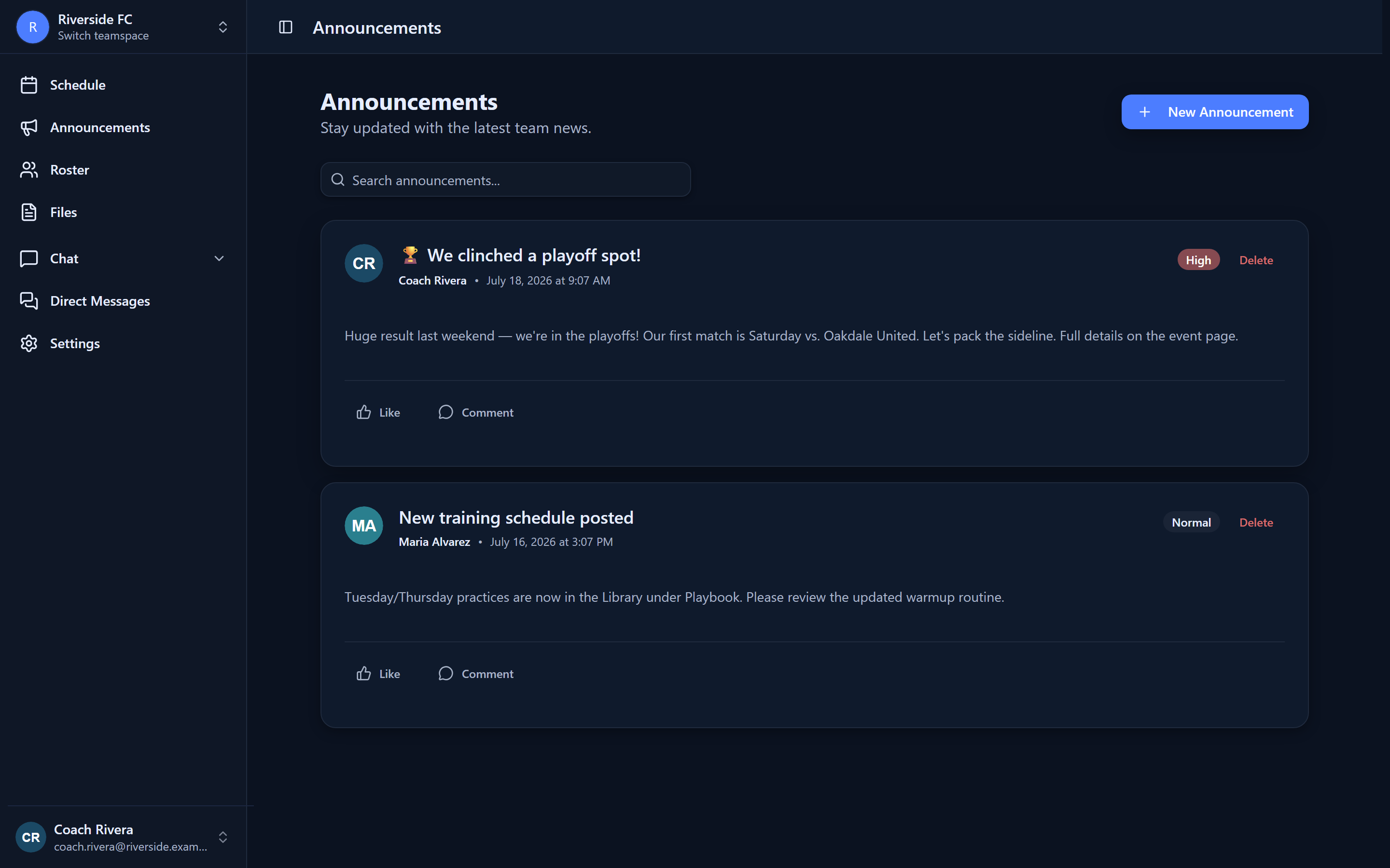 GamePlan360 announcements board — a High-priority post and a normal update, each with reactions and comments