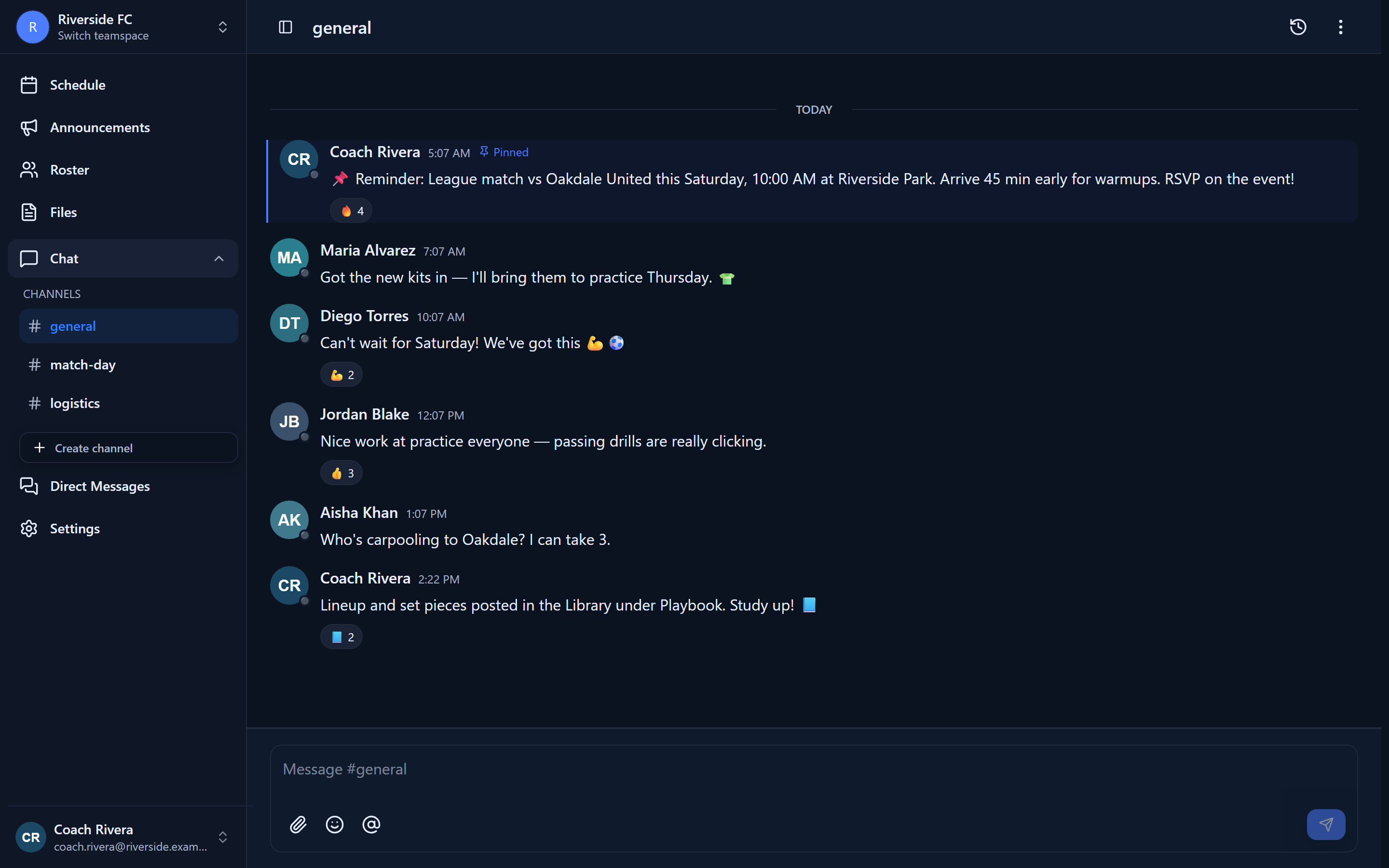 GamePlan360 team chat — the #general channel with a pinned reminder, teammate messages, and emoji reactions