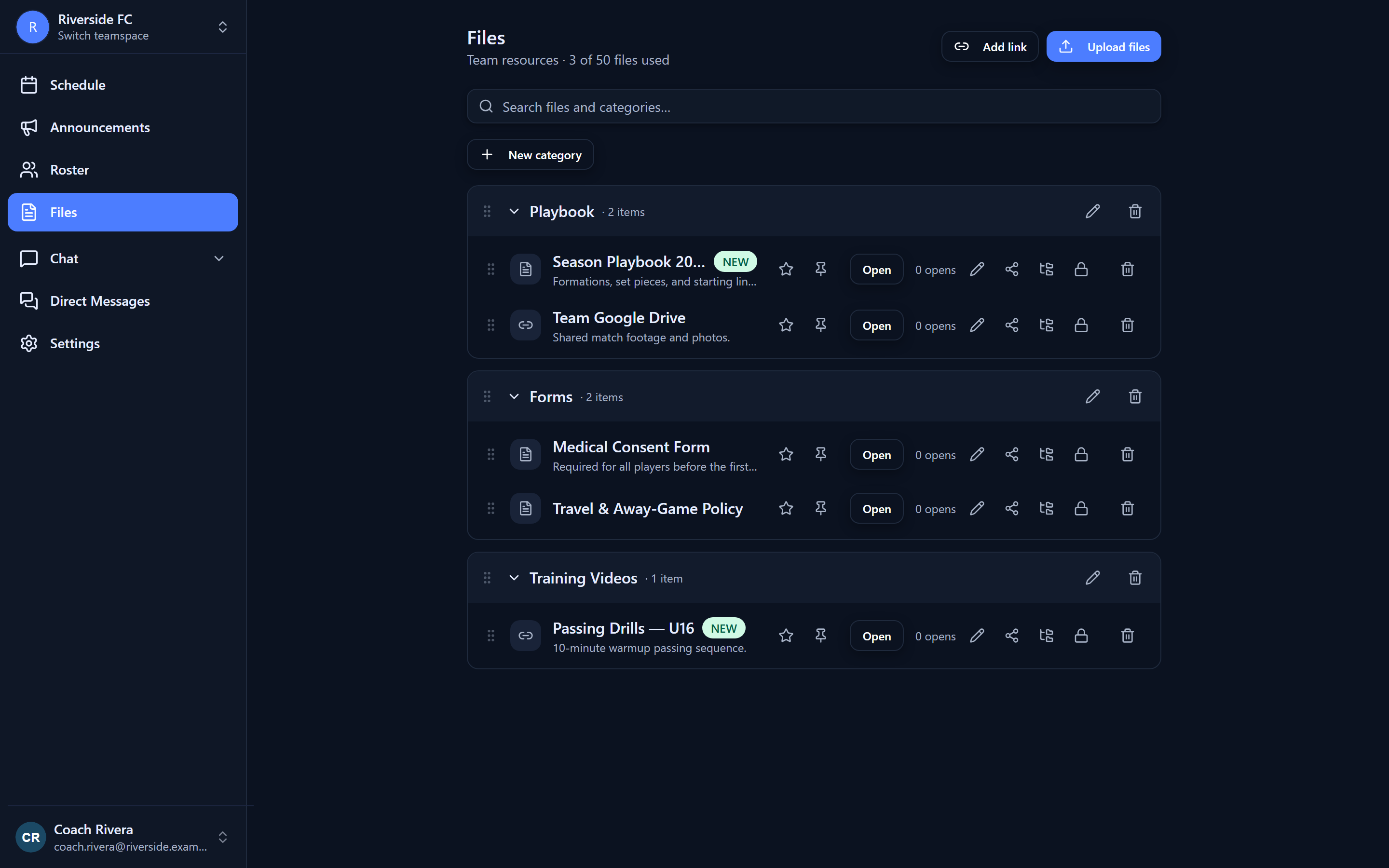 GamePlan360 file library — playbooks, forms, and training videos organized by category with NEW badges