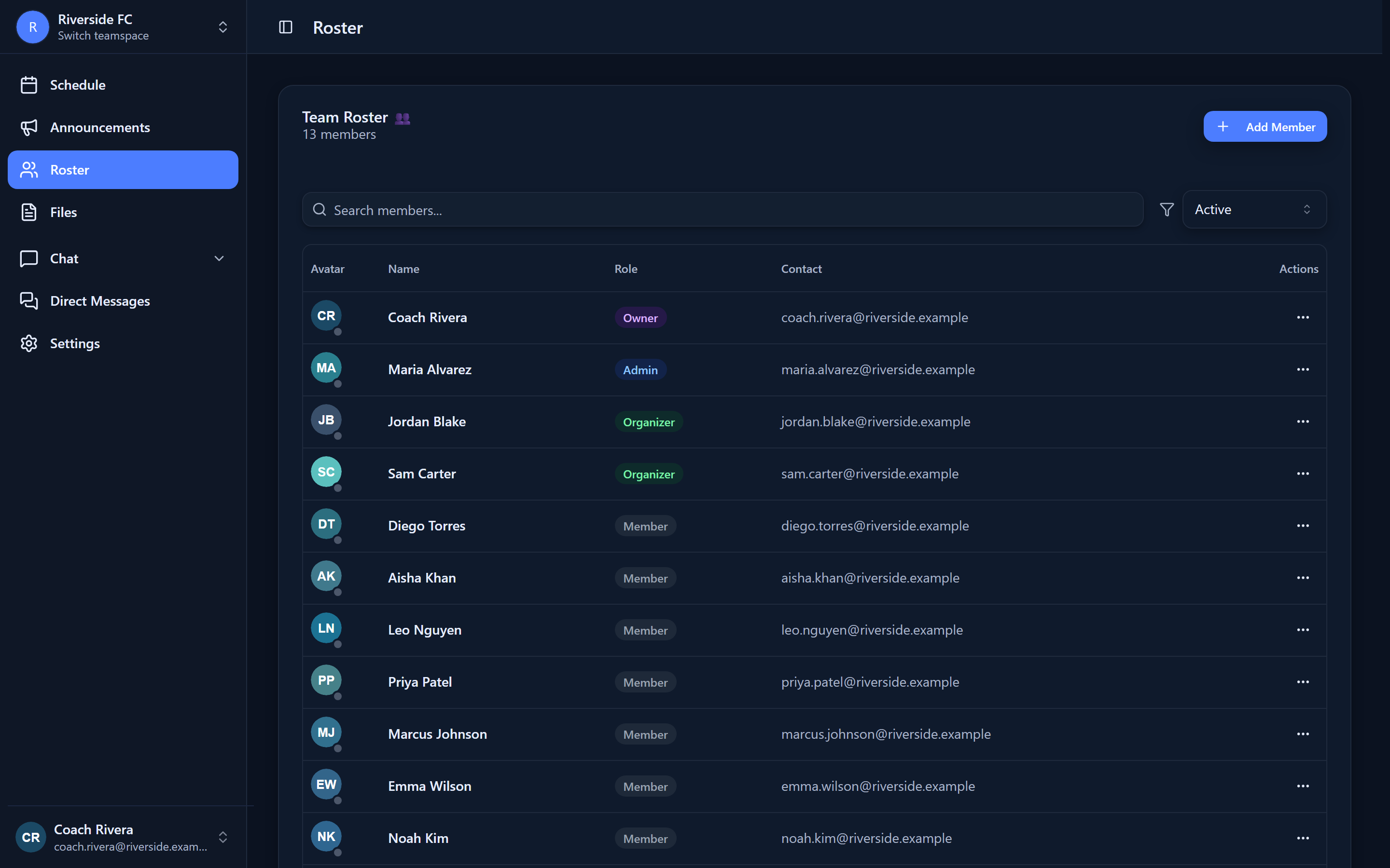 GamePlan360 team roster — 13 members with role badges (Owner, Admin, Organizer, Member), avatars, status, and search