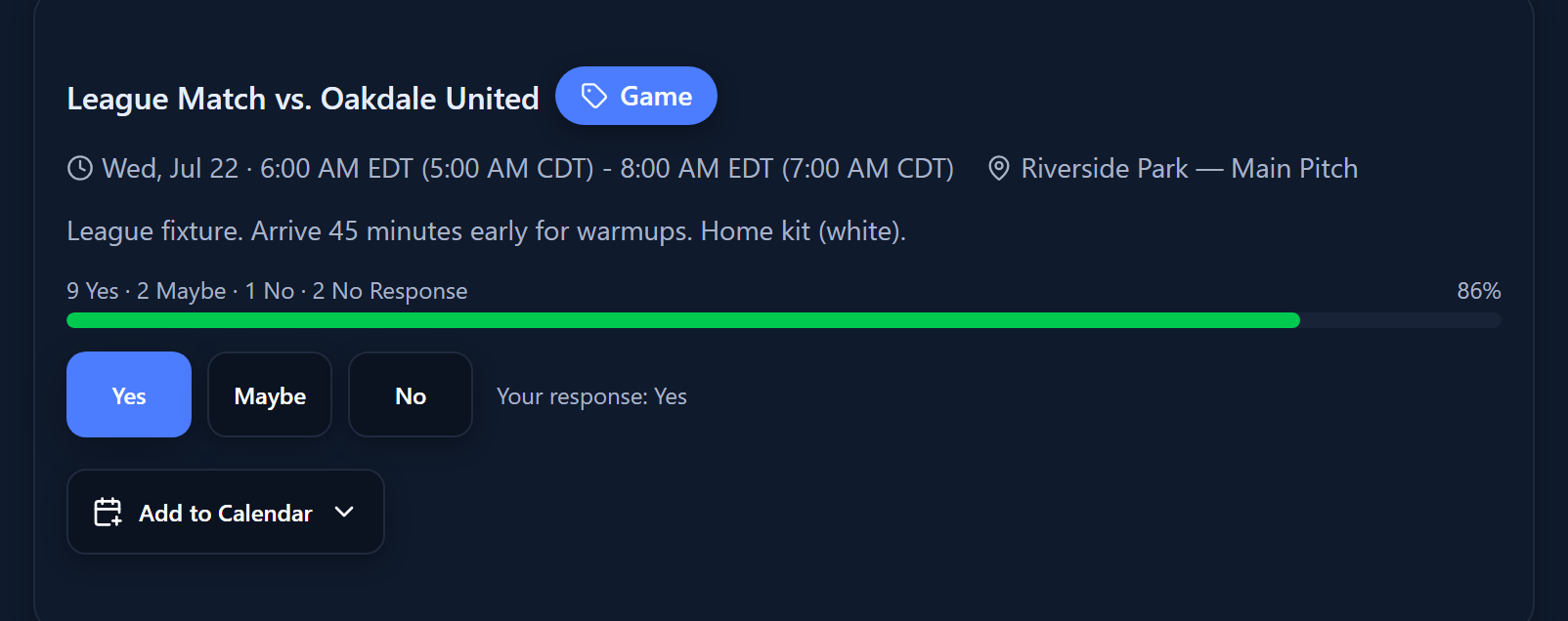 GamePlan360 live attendance bar — 9 going, 2 maybe, 1 no, 2 awaiting response (86%) with one-tap RSVP buttons