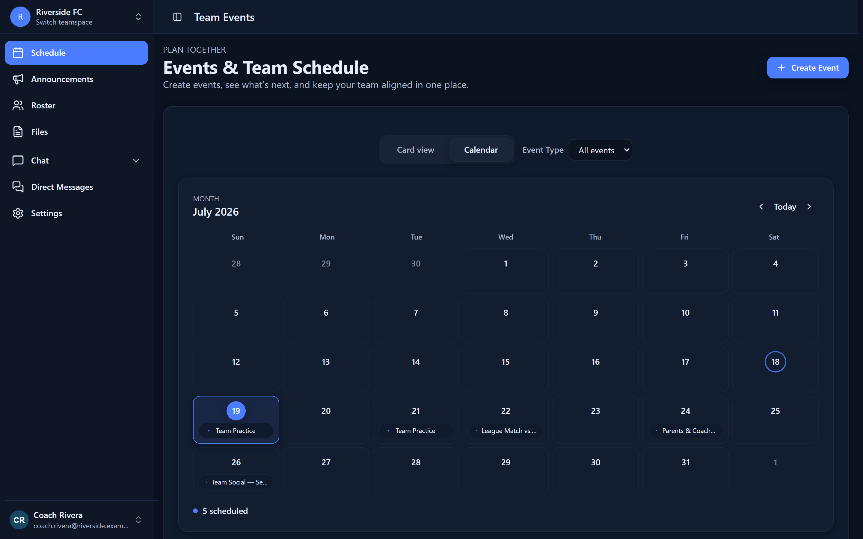 GamePlan360 month calendar with practices, a league match, a parents meeting, and a team social