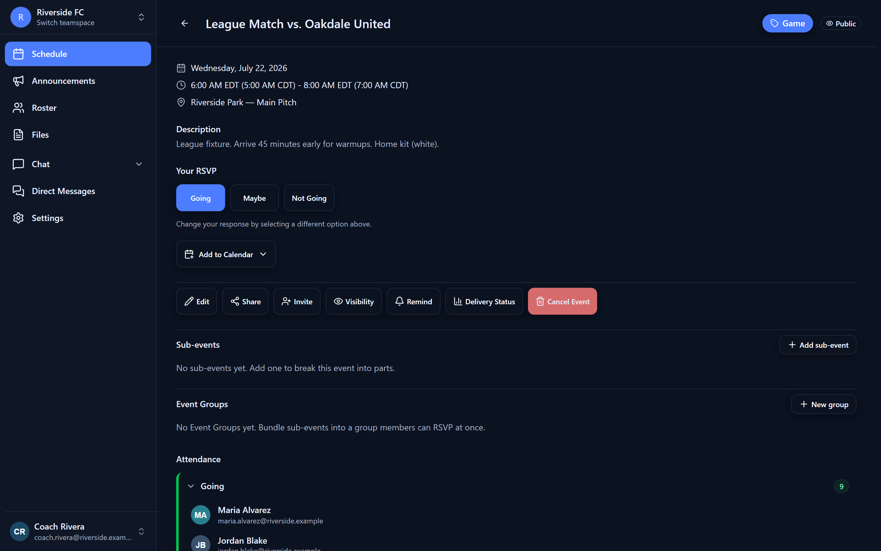 GamePlan360 event detail — date, location, your RSVP, calendar export, and the full attendance breakdown