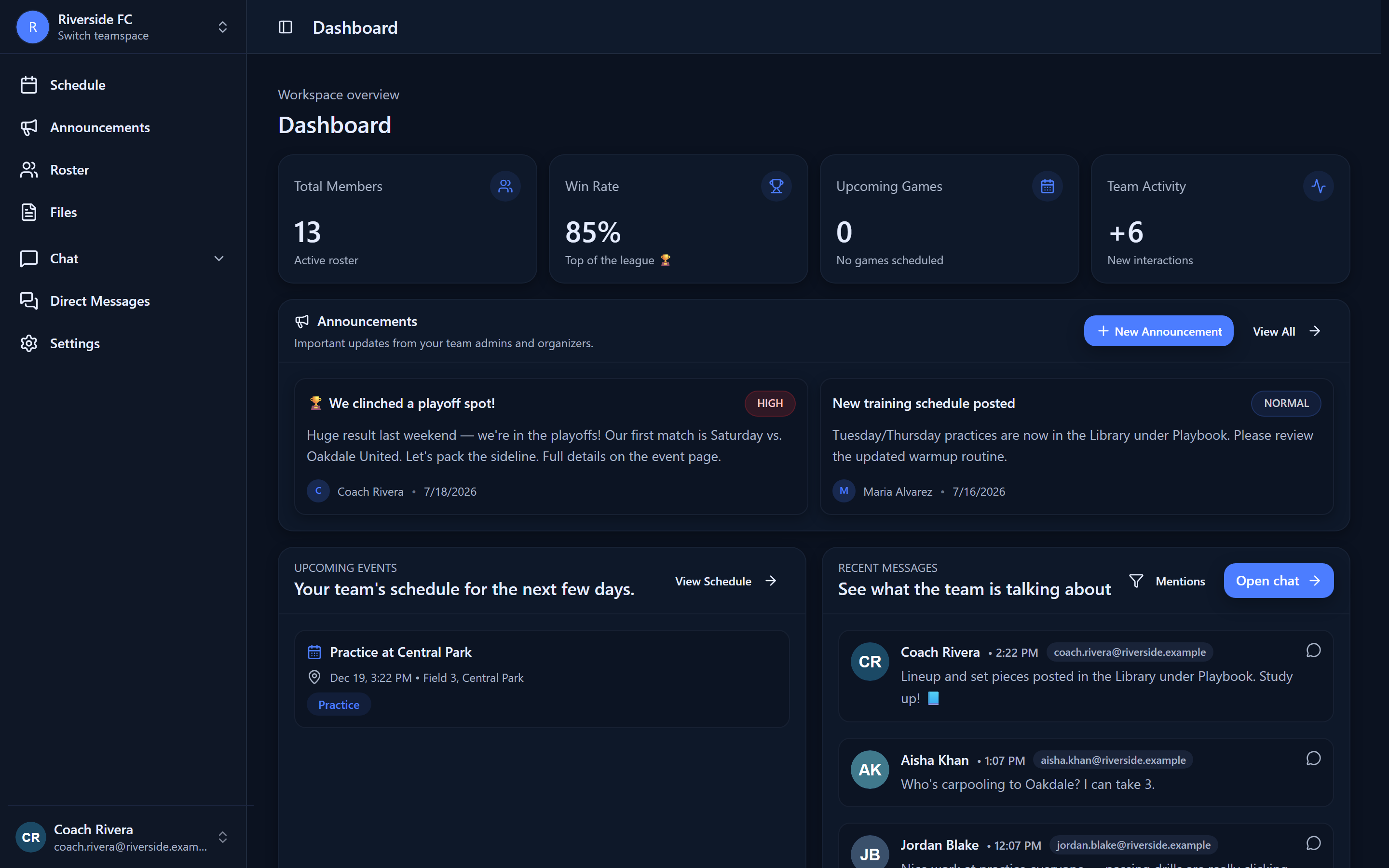 GamePlan360 team dashboard — member stats, announcements, upcoming events, and recent activity on one screen