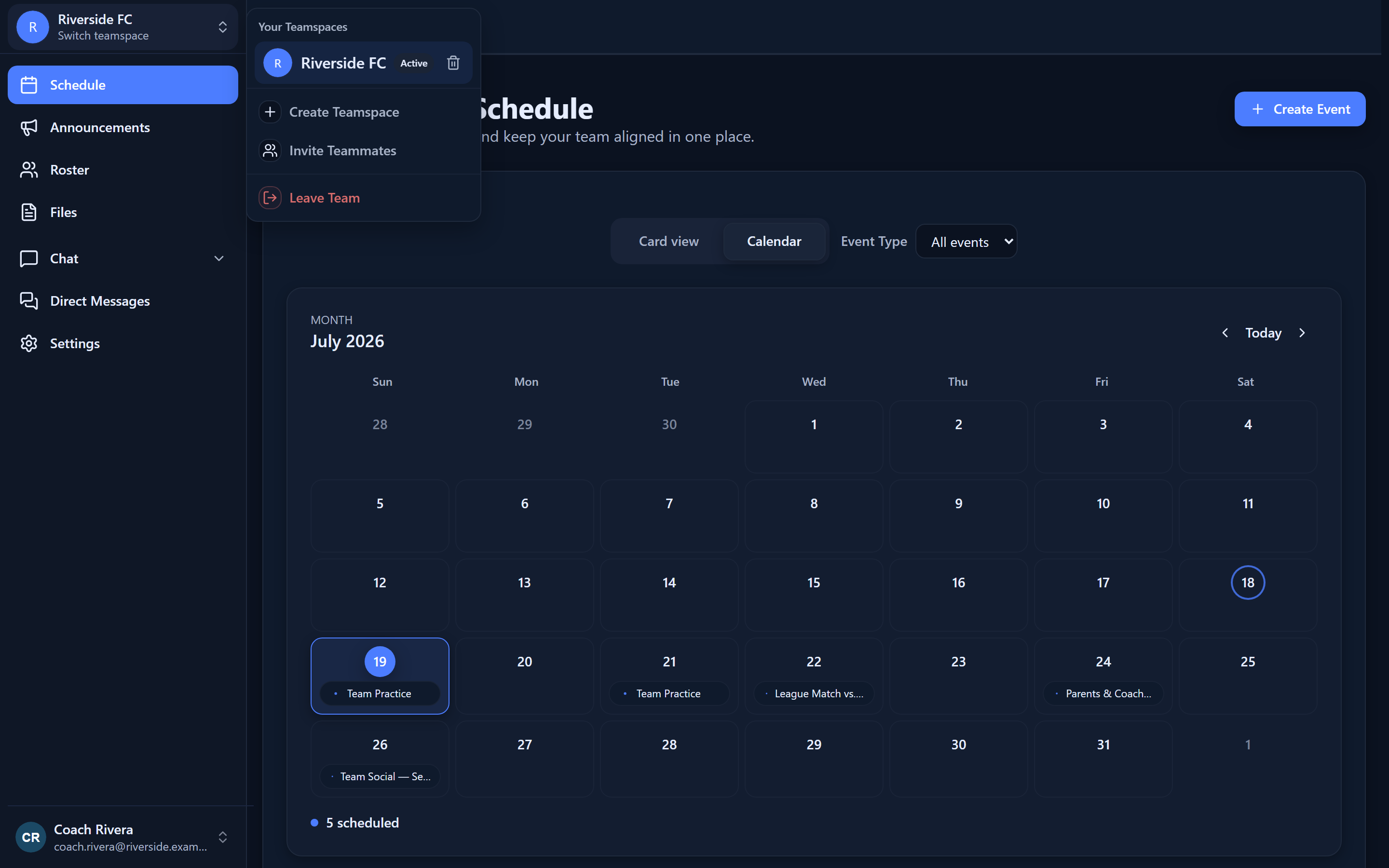 GamePlan360 teamspace switcher — switch between teams, create a teamspace, or invite teammates from one login